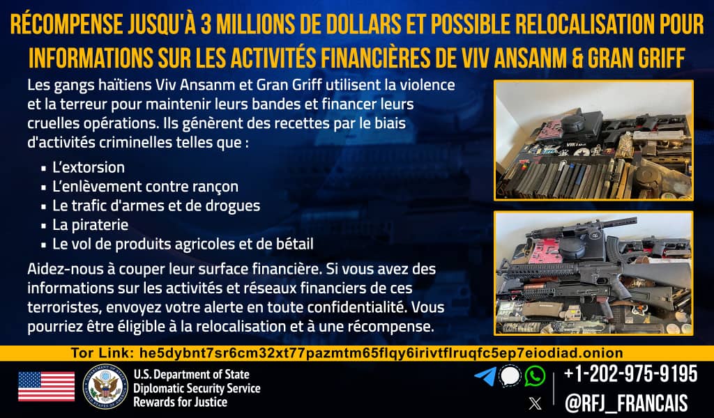 Les États-Unis offrent 3 millions de dollars pour toute information sur les finances de Viv ansanm