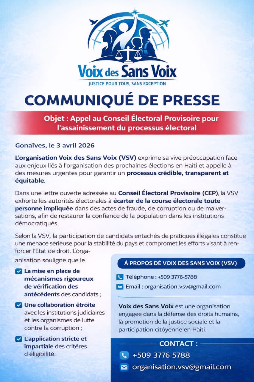 La VSV appelle à un processus électoral crédible et transparent en Haïti
