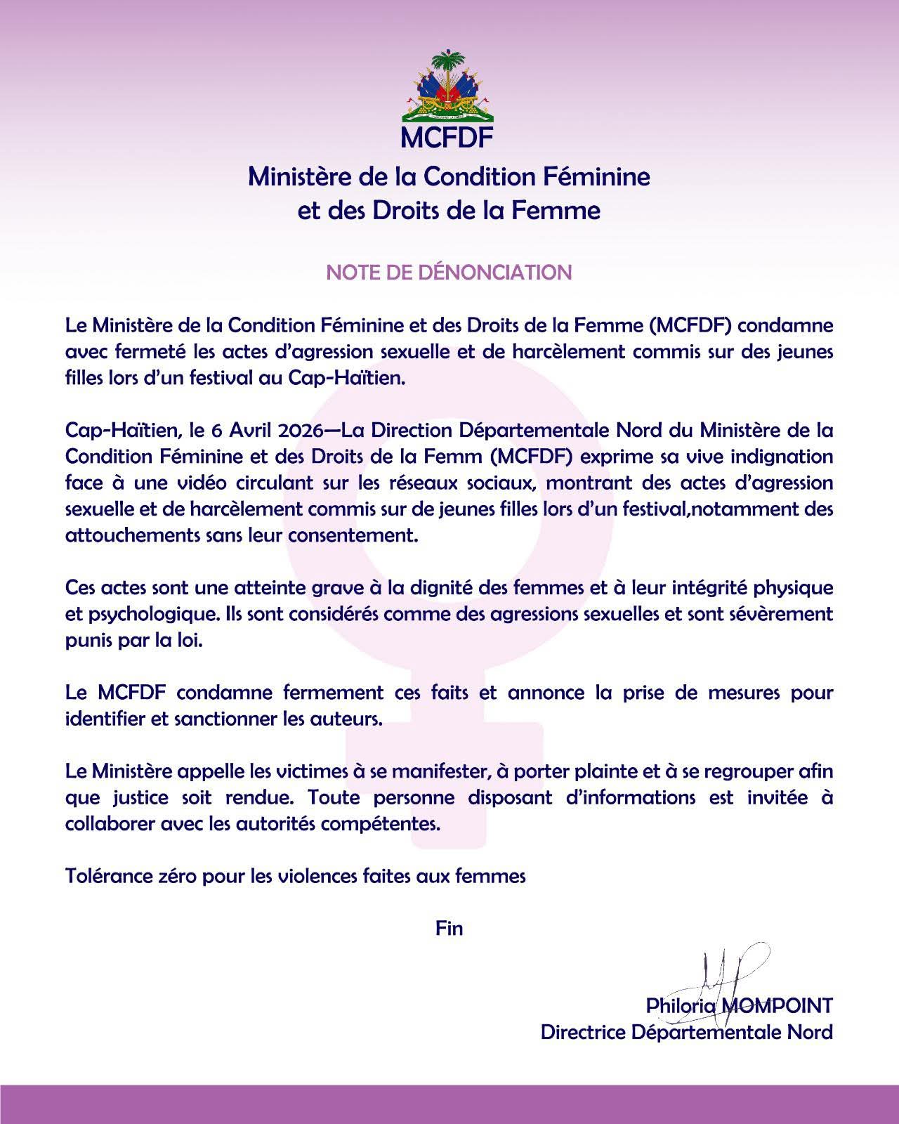 Le MCFDF dénonce des agressions sexuelles lors d'un festival au Cap-Haïtien