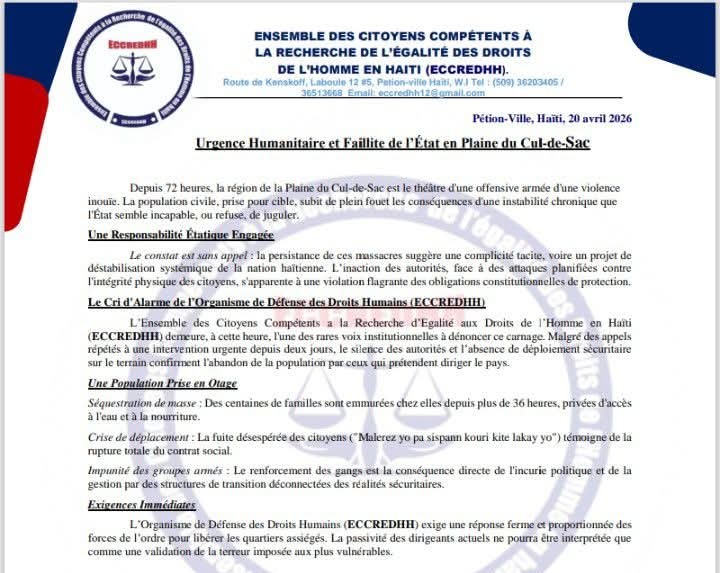 Insécurité dans la Plaine du Cul-de-Sac: L’ECCREDHH tire la sonnette d'alarme