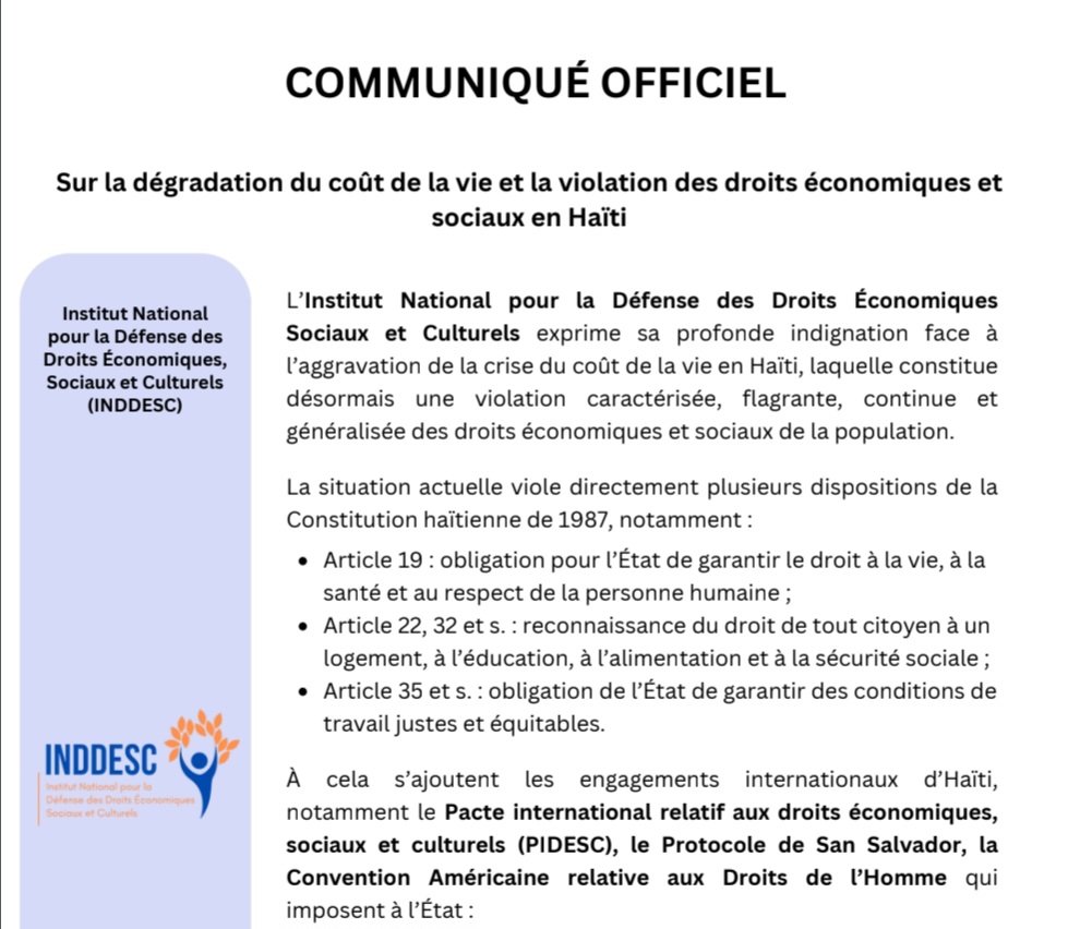 Crise du coût de la vie en Haïti : l’INDDESC dénonce une violation grave des droits fondamentaux