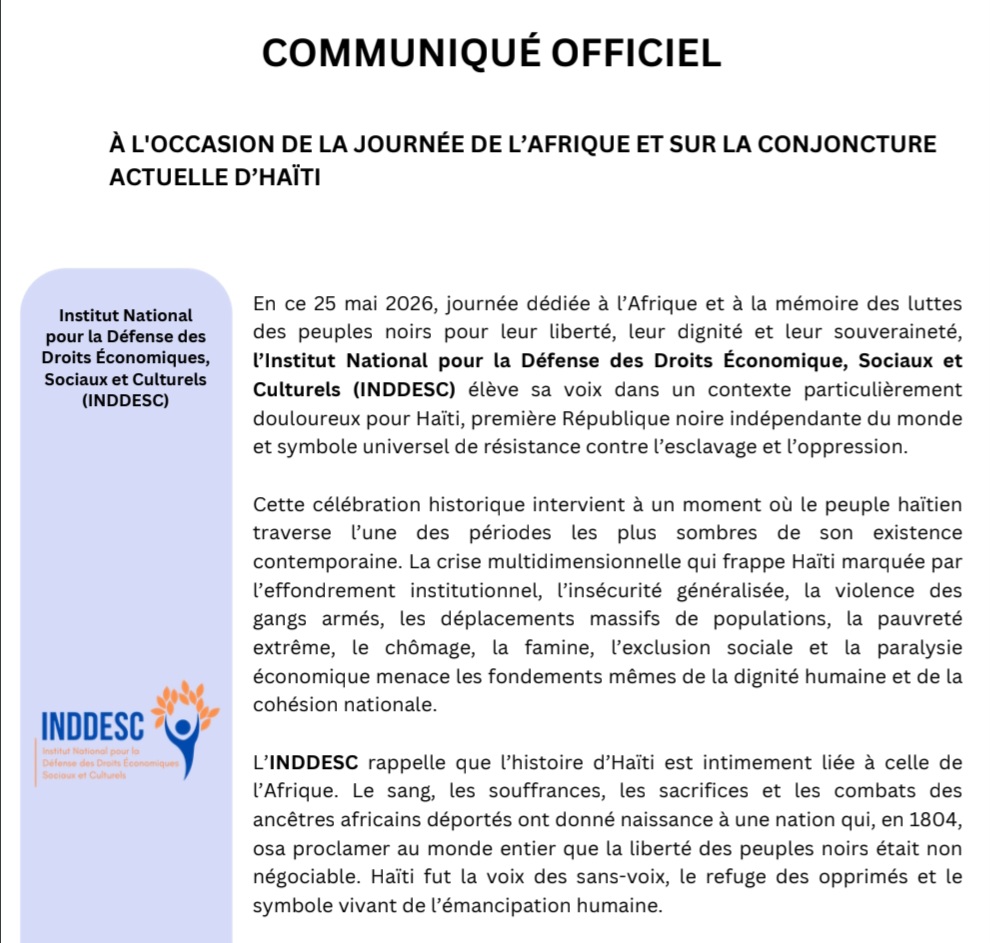 L’INDDESC appelle à la solidarité avec Haïti à l'occasion de la Journée de l'Afrique