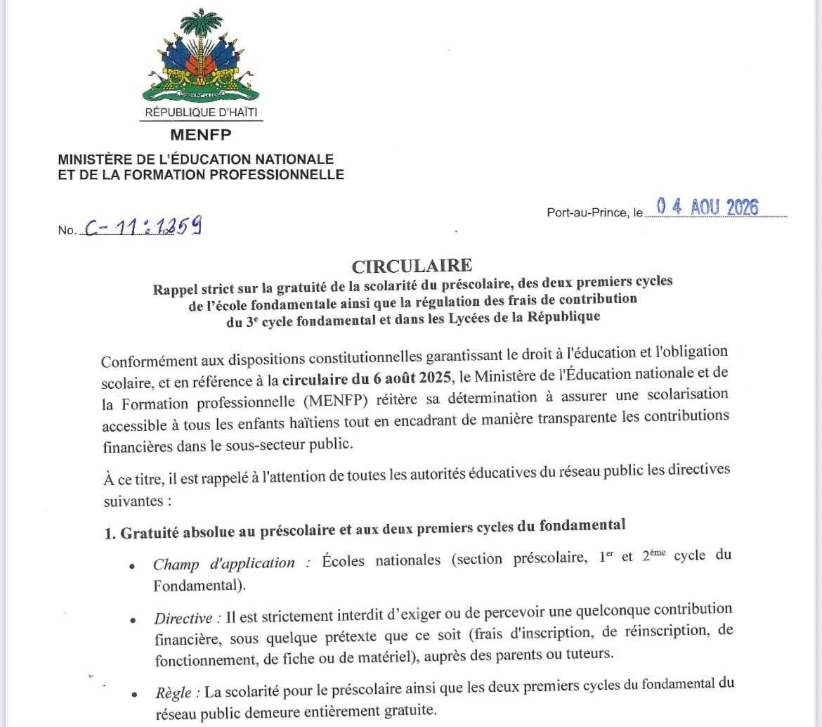 Le MENFP met en garde contre les frais scolaires illégaux dans les écoles publiques