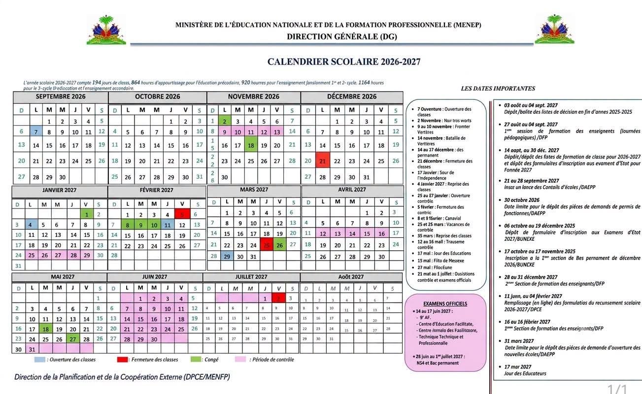 Année scolaire 2026-2027 : le MENFP fixe le nombre de jours et d’heures de classe