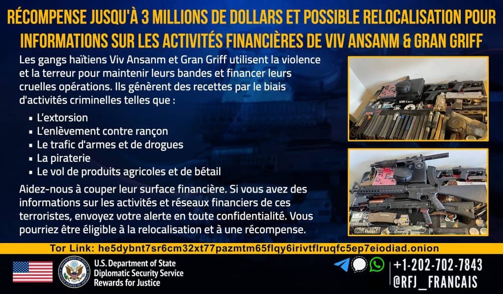 Les États-Unis offrent jusqu'à 3 millions de dollars pour des informations sur les réseaux financiers de Viv Ansanm et Gran Grif
