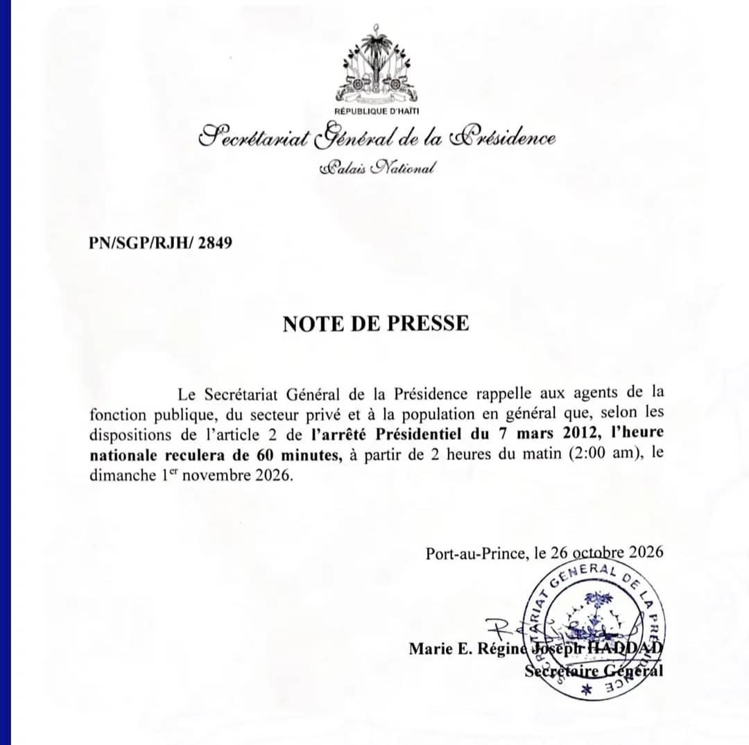 Haïti : l’heure nationale reculera d’une heure le 1er novembre